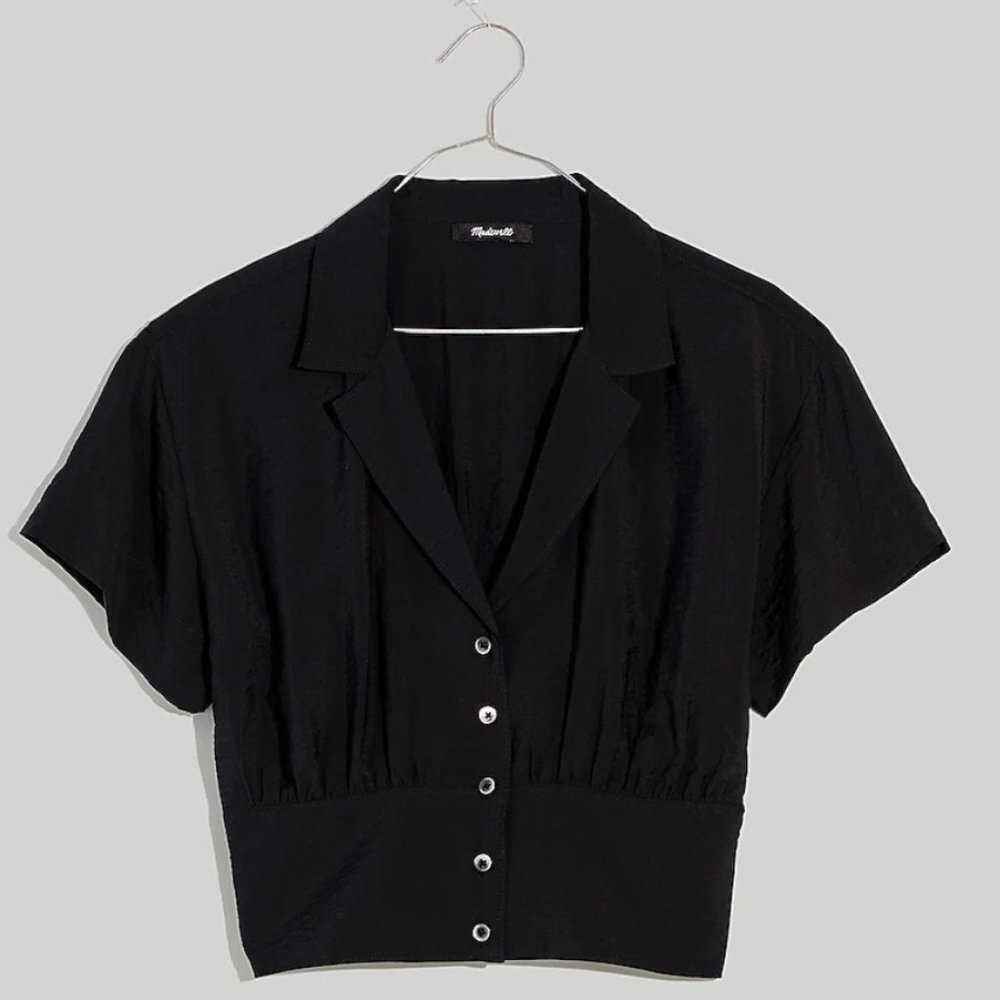 NWT Madewell Drapey Banded Bottom Buttom Down Top Black XXS